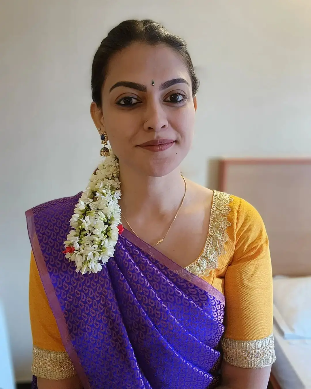 Anusree Nair Wearing Beautiful Earrings Jewellery Blue Saree Yellow Blouse